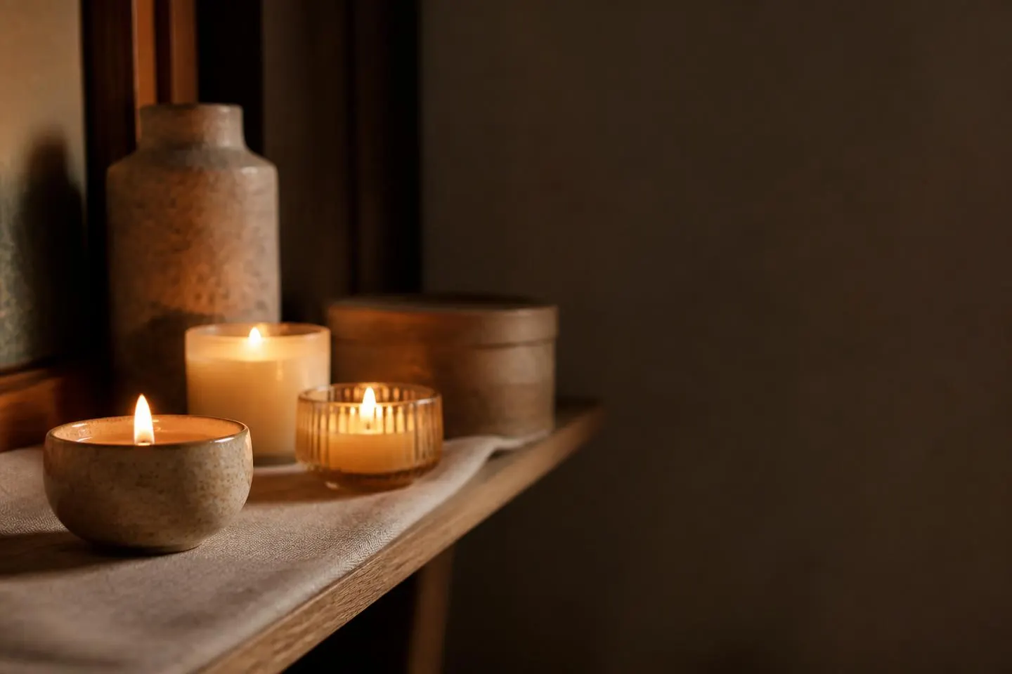 Pequenas velas artesanais acesas com chamas suaves sobre prateleira de madeira em ambiente aconchegante e escuro