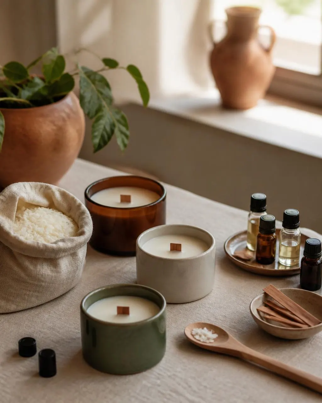 Bancada artesanal iluminada por luz natural com velas perfumadas em potes de cerâmica creme, âmbar e verde sálvia, cera de soja em saco de linho, pavios de madeira e frascos de fragrância