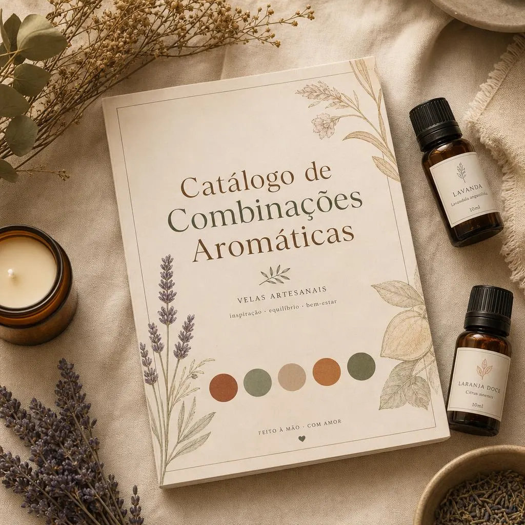 Mockup do Catálogo de Combinações Aromáticas com frascos de essência